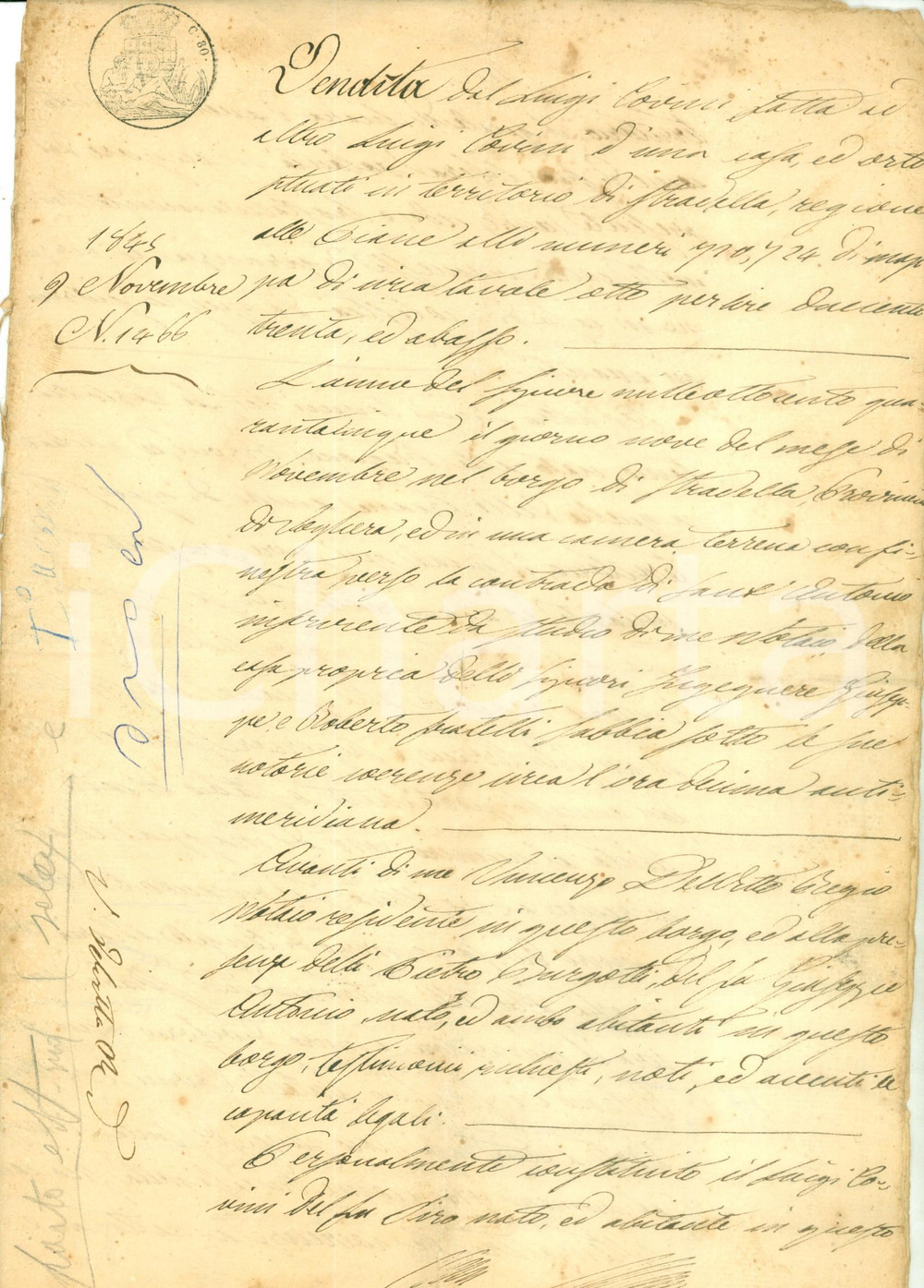 Documento originale, autentico 1845 STRADELLA PV Luigi COVINI vende casa e orto in localitÃ  PIANE Manoscritto 1