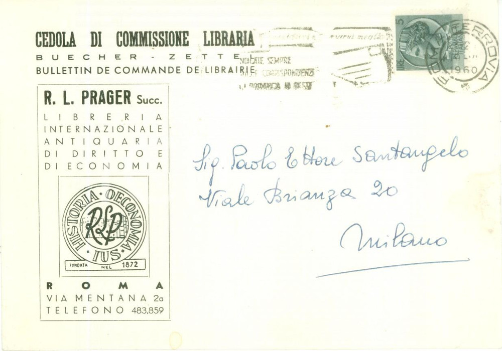 Cartolina originale da collezione 1960 ROMA Libreria Internazionale R.L. PRAGER Cedola commissione libraria FG VG 1