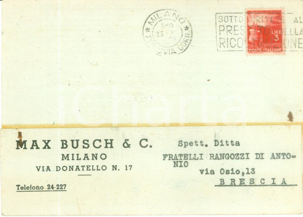 Cartolina originale da collezione 1946 MILANO Ditta Max BUSCH & C. Cartolina commerciale FG VG 1
