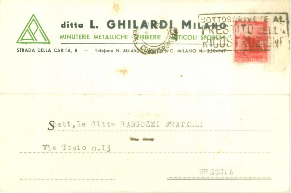 Cartolina originale da collezione 1946 MILANO Minuterie metalliche Ditta GHIRARDI Cartolina commerciale FG VG 1