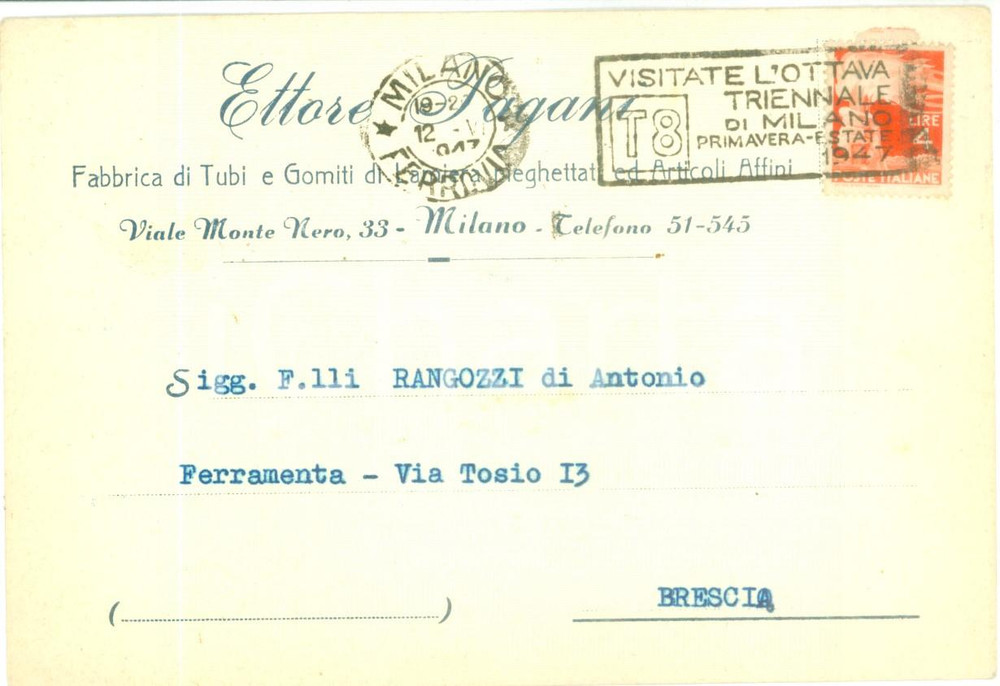 1947 MILANO Ettore PAGANI Fabbrica tubi e gomiti *Cartolina commerciale FG VG