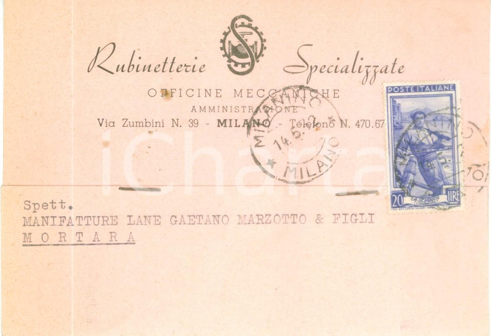 Cartolina originale da collezione 1952 MILANO Officine meccaniche Rubinetterie specializzate Cartolina FG VG 1
