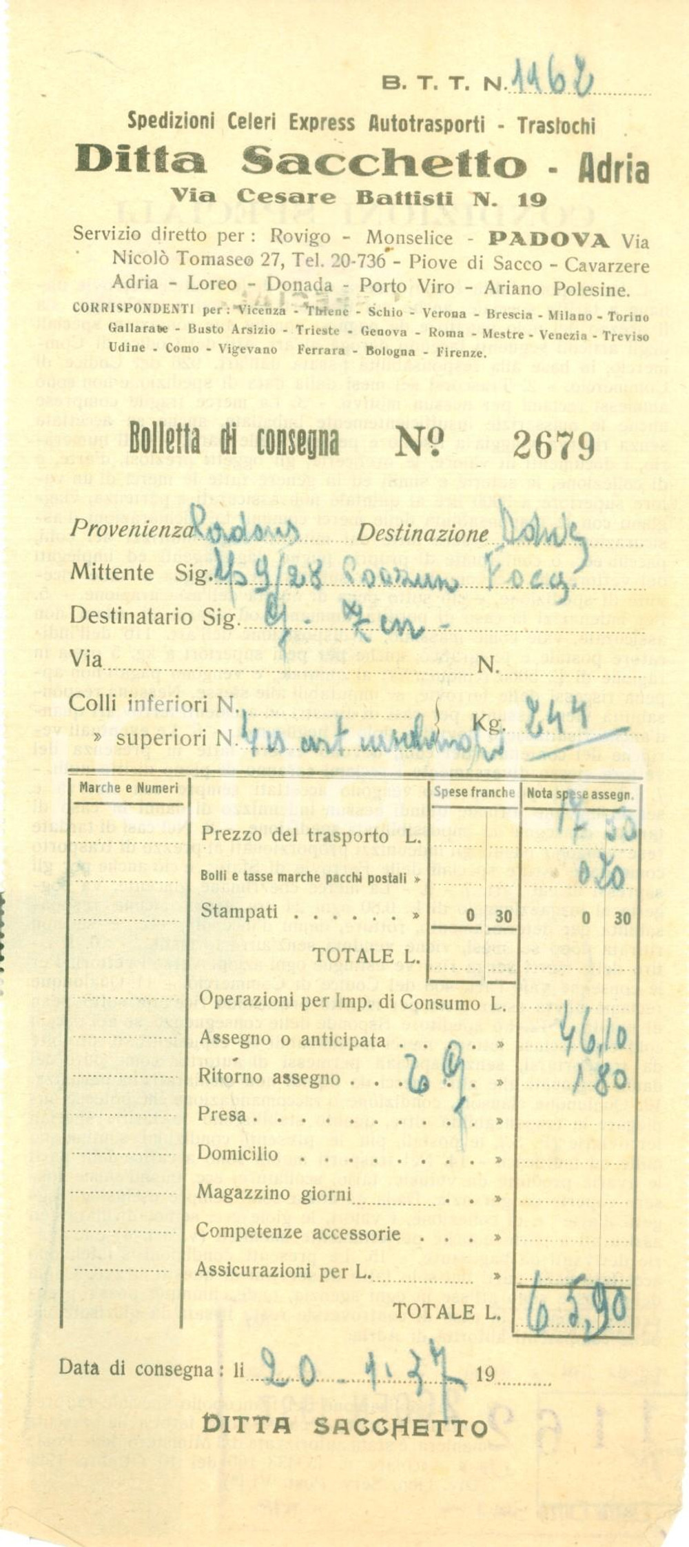 Documento originale, autentico 1937 ADRIA RO Spedizioni celeri express Ditta SACCHETTO Bolletta di consegna 1