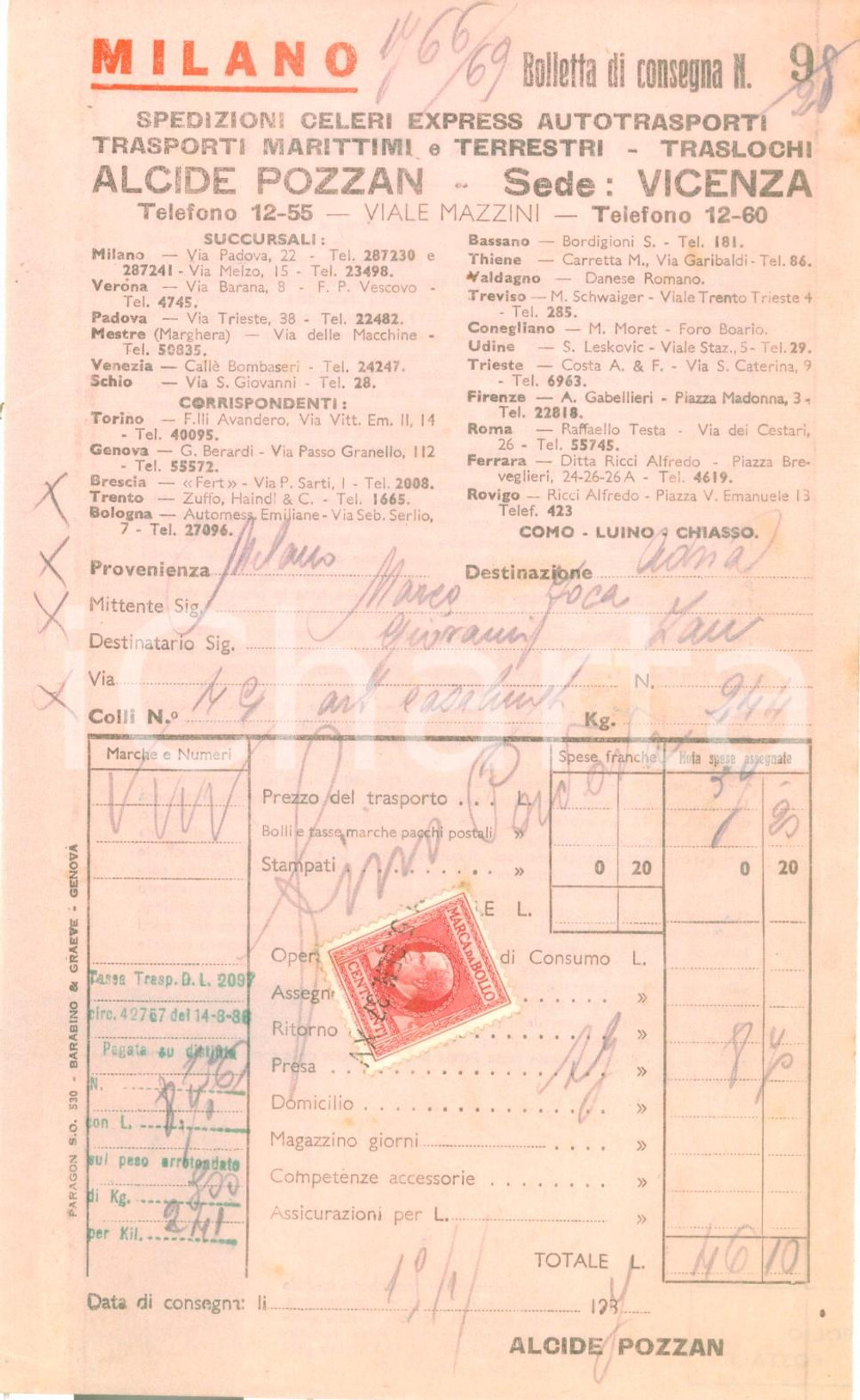 Documento originale, autentico 1937 MILANO Spedizioni celeri express autotrasporti Alcide POZZAN Bolletta 1