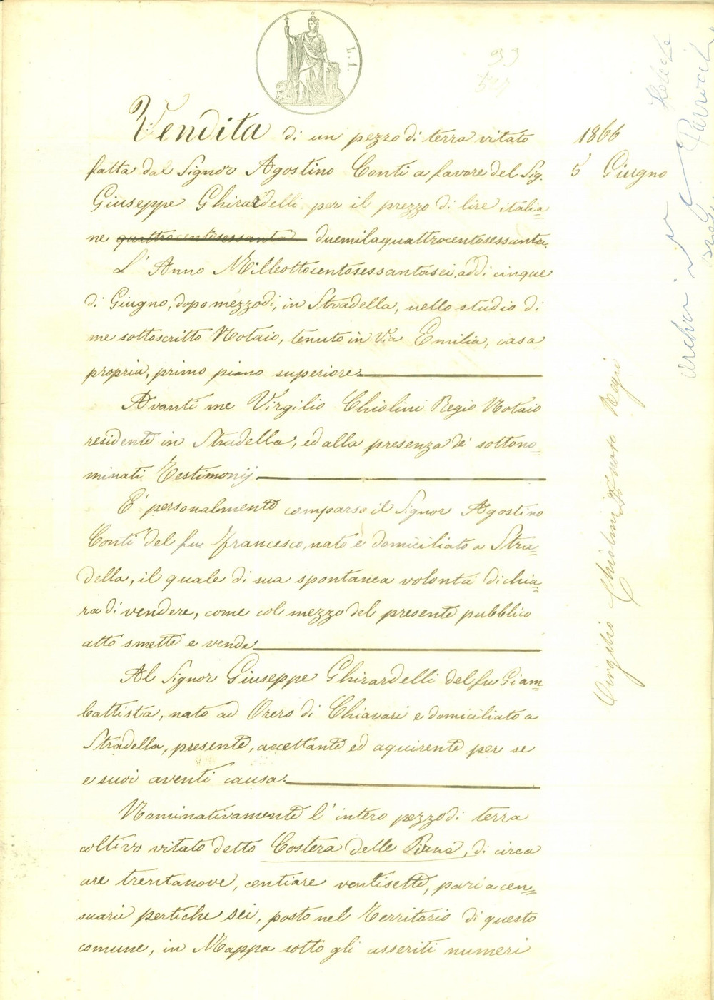 Documento originale, autentico 1866 STRADELLA PV Agostino CONTI vende terreno a Giuseppe GHILARDI Manoscritto 1