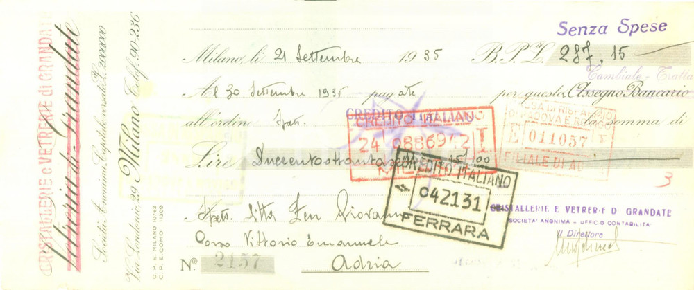 Documento originale, autentico 1935 GRANDATE CO Cristallerie e Vetrerie Cambiale pubblicitaria 1