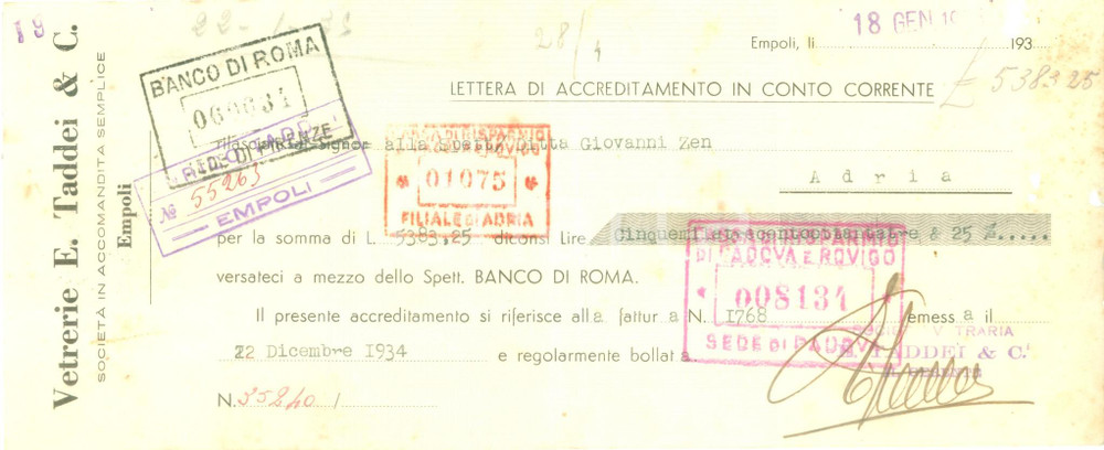 Documento originale, autentico 1934 EMPOLI Vetrerie TADDEI & C. Lettera accreditamento intestata 1