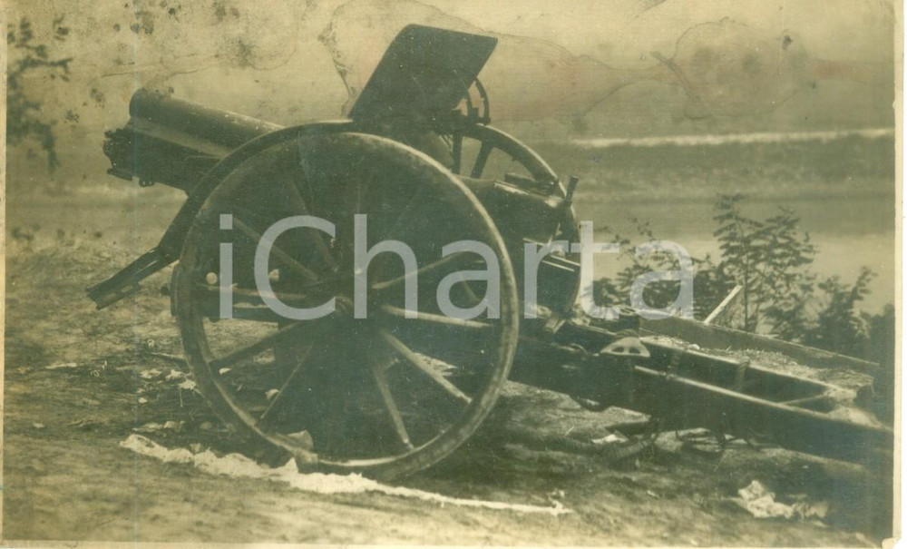 Fotografia d epoca originale 1918 ca WW1 ZONA DI GUERRA Cannone abbandonato dagli Austriaci Fotografia 1