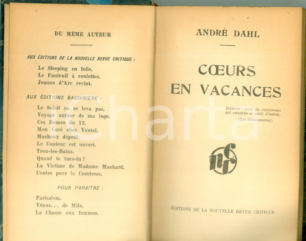 Libro, pubblicazione d epoca 1931 AndrÃ© DAHL Coeurs en vacances Roman Edition de la nouvelle revue critique 1