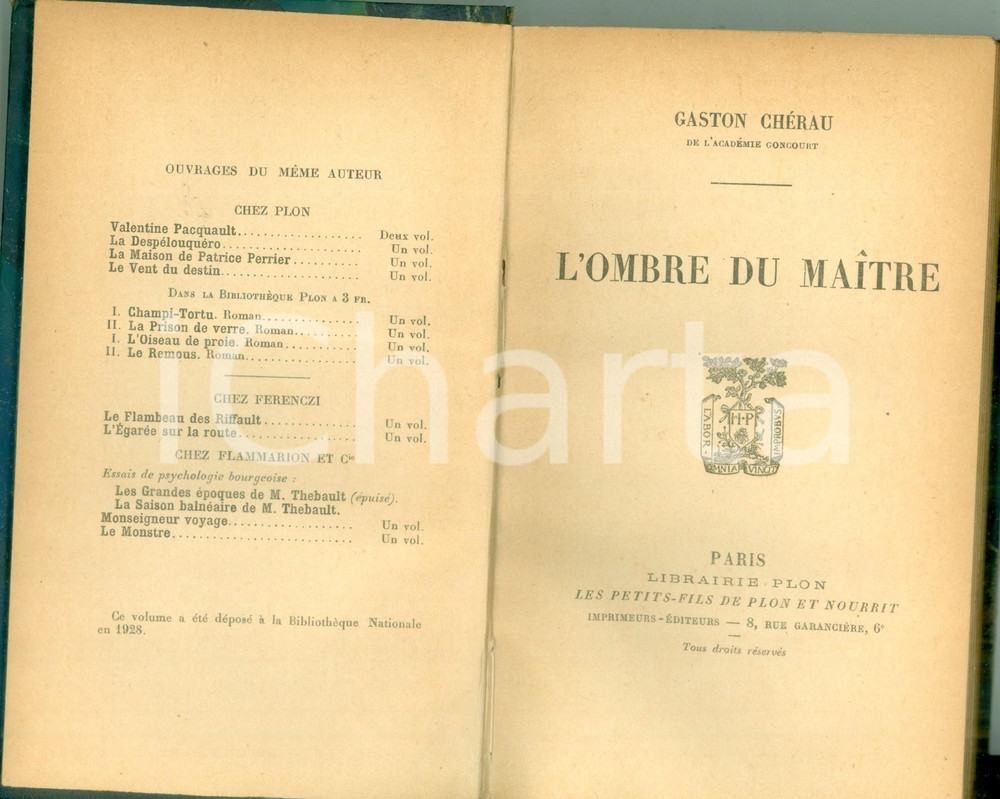 Libro, pubblicazione d epoca 1928 Gaston CHERAU L ombre du maitre Edition Librairie PLON 1