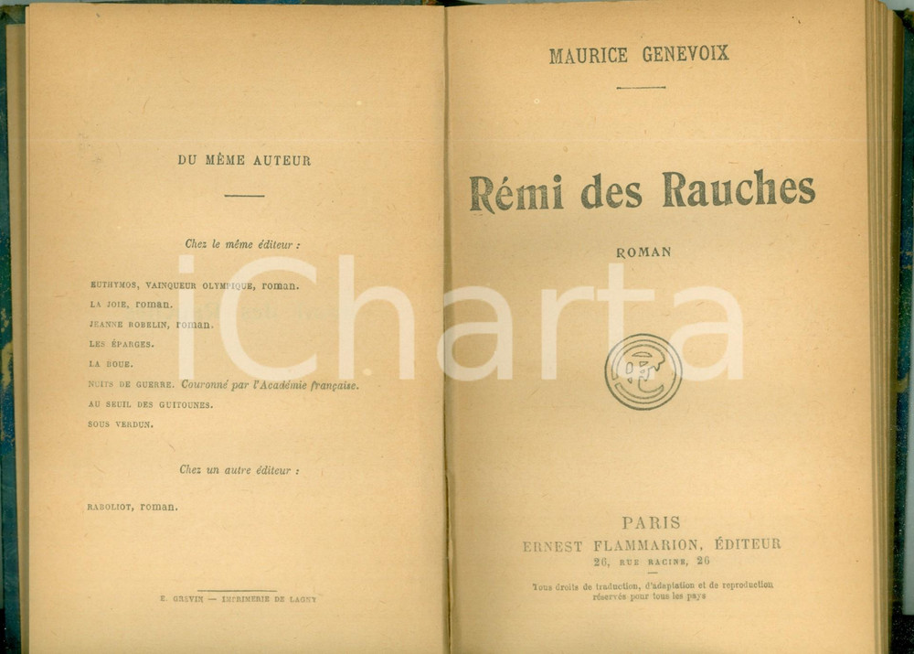 Libro, pubblicazione d epoca 1925 Maurice GENEVOIX RÃ©mi des Rauches Roman Edition FLAMMARION 1