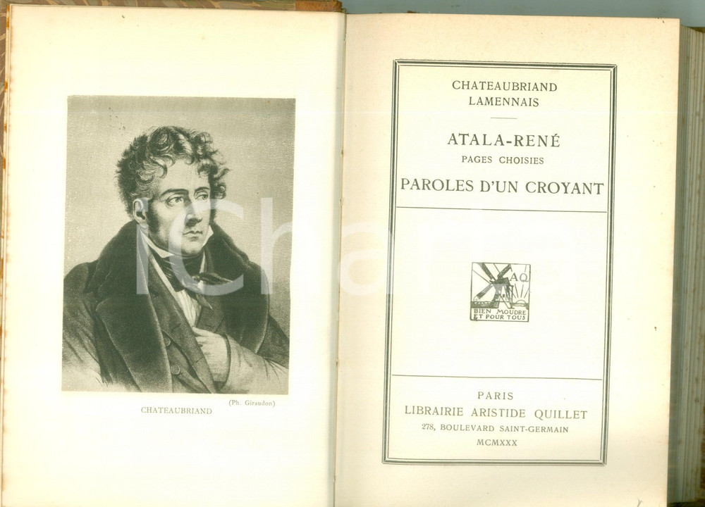 Libro, pubblicazione d epoca 1930 CHATEUBRIAND AtalaRenÃ© Pages choisies Classiques QUILLET 1