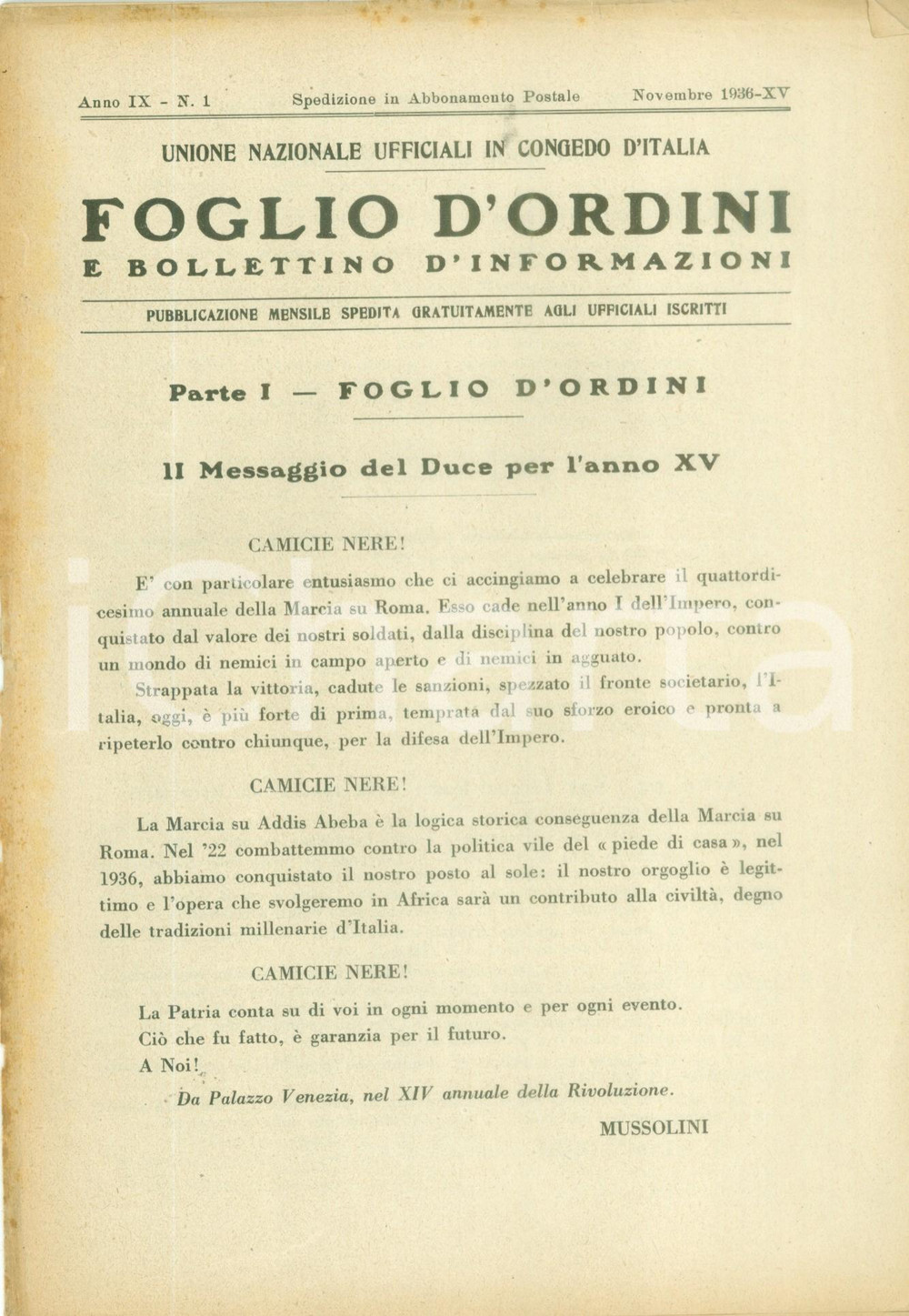 Documento originale, autentico 1936 ROMA U.N.U.C.I. Foglio d ordini Messaggio del DUCE Anno XV DANNEGGIATO 1