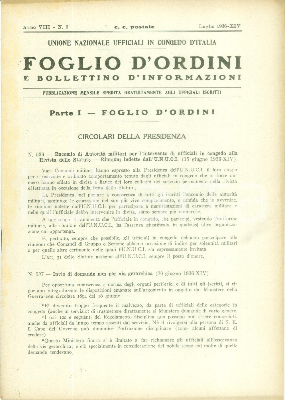 Documento originale, autentico 1936 ROMA U.N.U.C.I. Foglio d ordini Circolari e disposizioni varie Rivista 1
