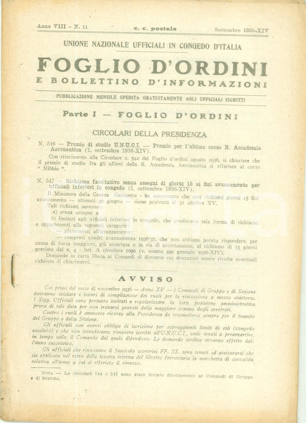 Documento originale, autentico 1936 ROMA U.N.U.C.I. Foglio d ordini Grandi manovre per l anno XIV Rivista 1