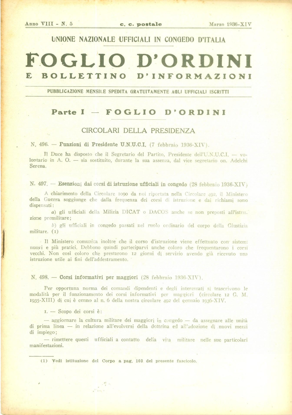 Documento originale, autentico 1936 ROMA U.N.U.C.I. Foglio d ordini Cultura postmilitare Rivista 1