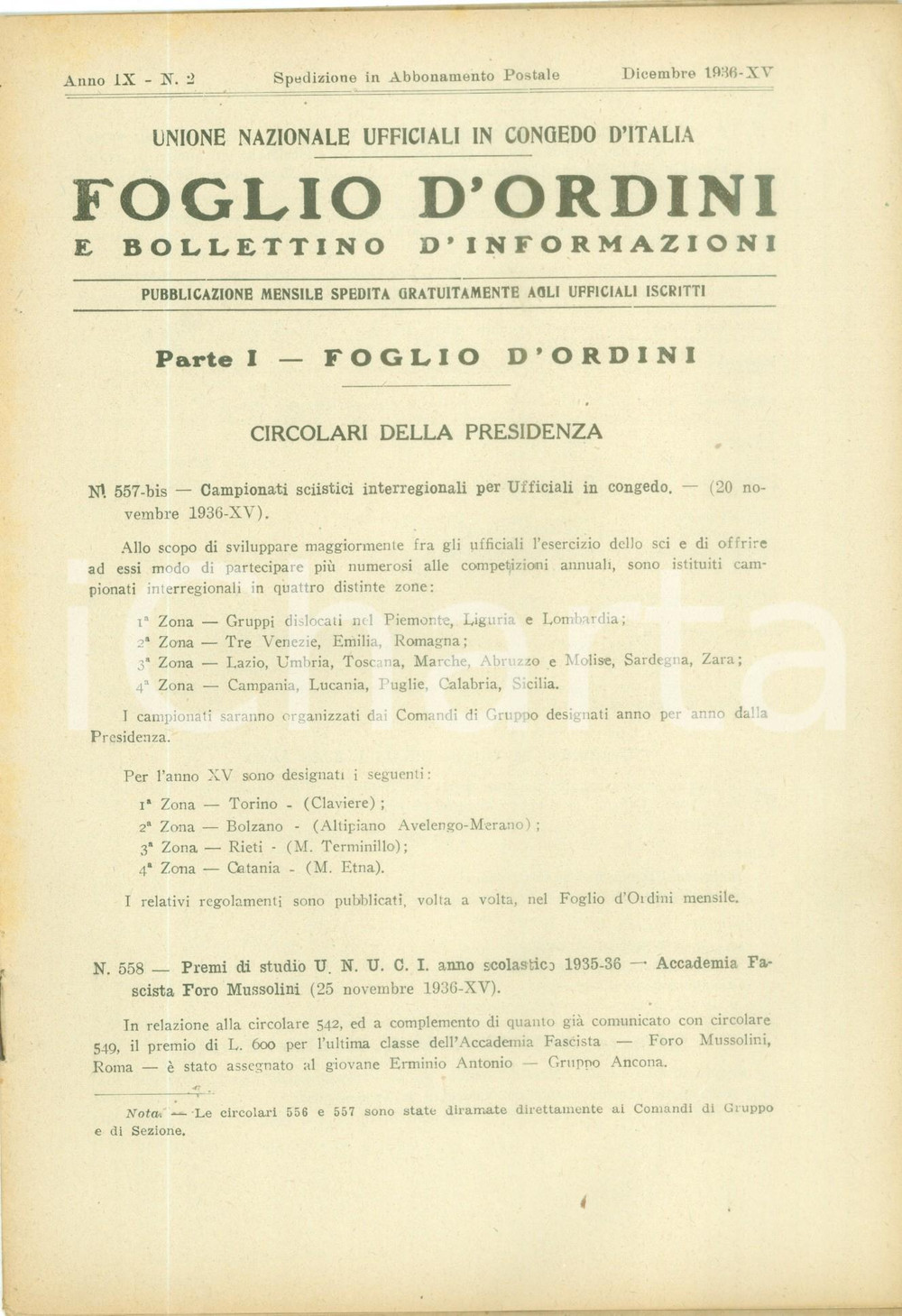 Documento originale, autentico 1936 ROMA U.N.U.C.I. Foglio d ordini Campionati interregionali di sciismo 1
