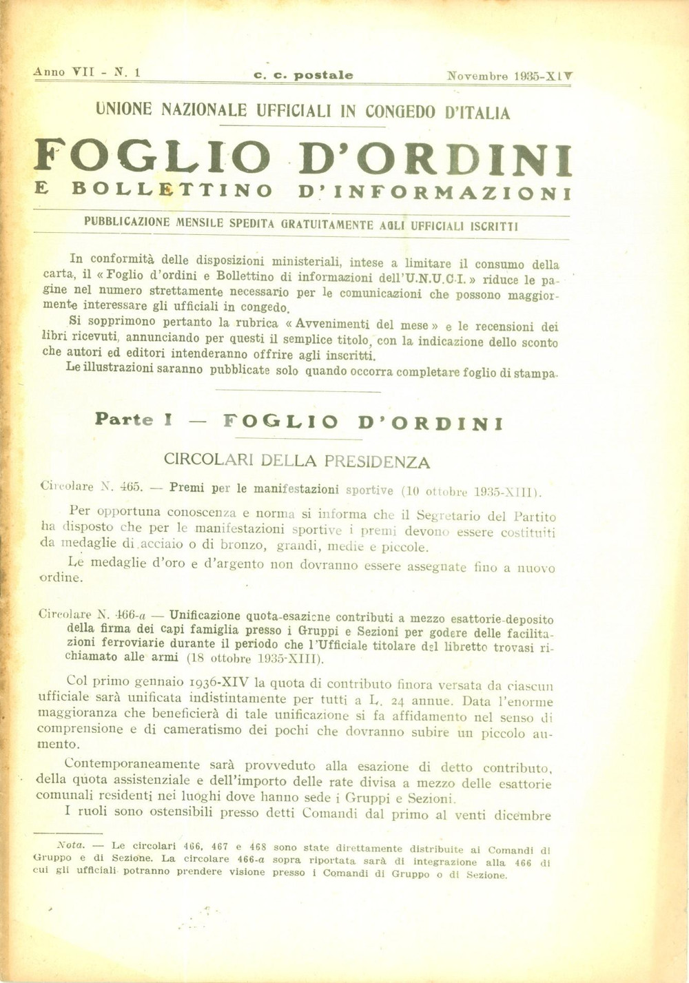 Documento originale, autentico 1935 ROMA U.N.U.C.I. Foglio d ordini Circolari della Presidenza mese di novembre 1