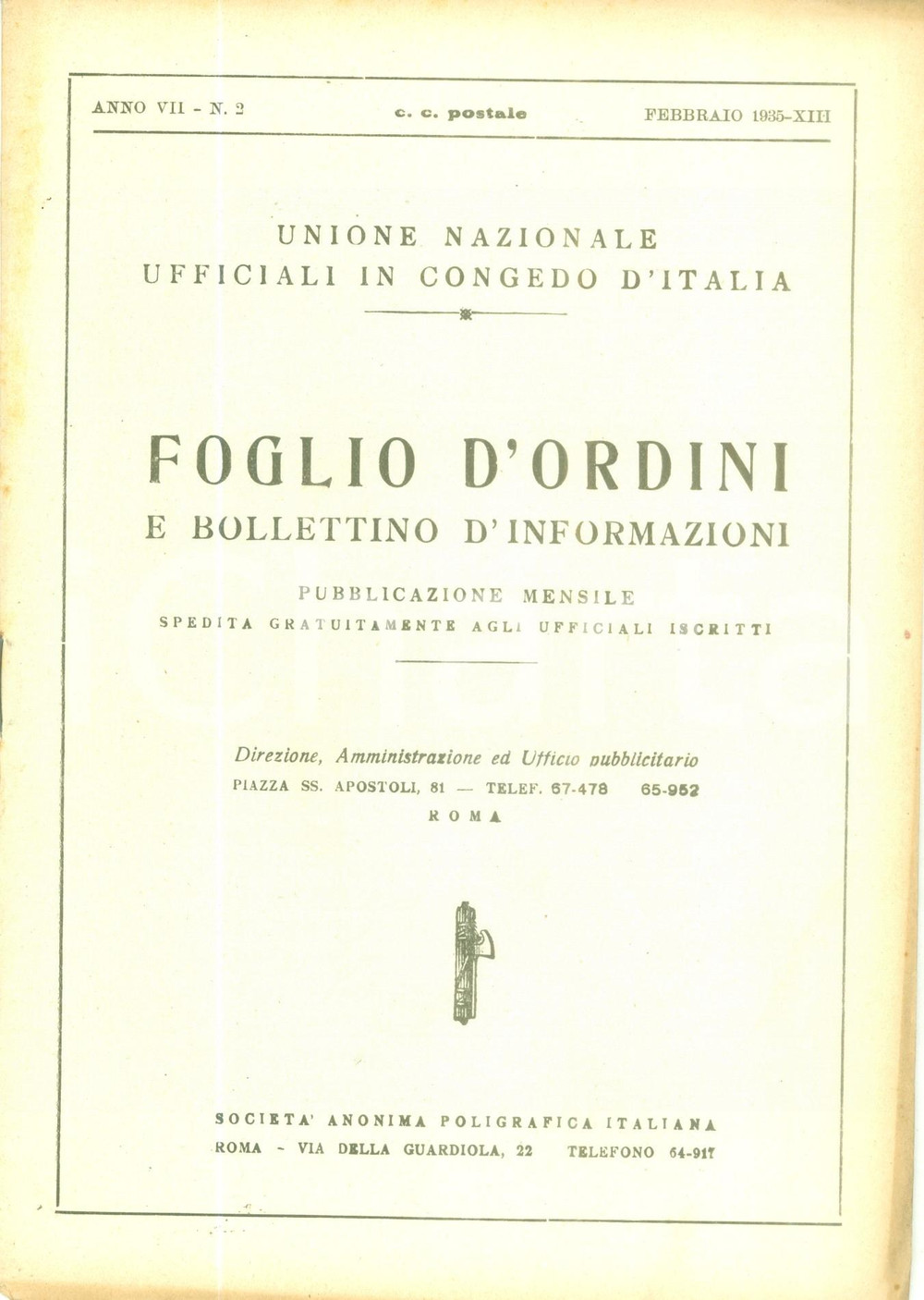 Documento originale, autentico 1935 ROMA U.N.U.C.I. Foglio d ordini Corsi di istruzione premilitari Rivista 1