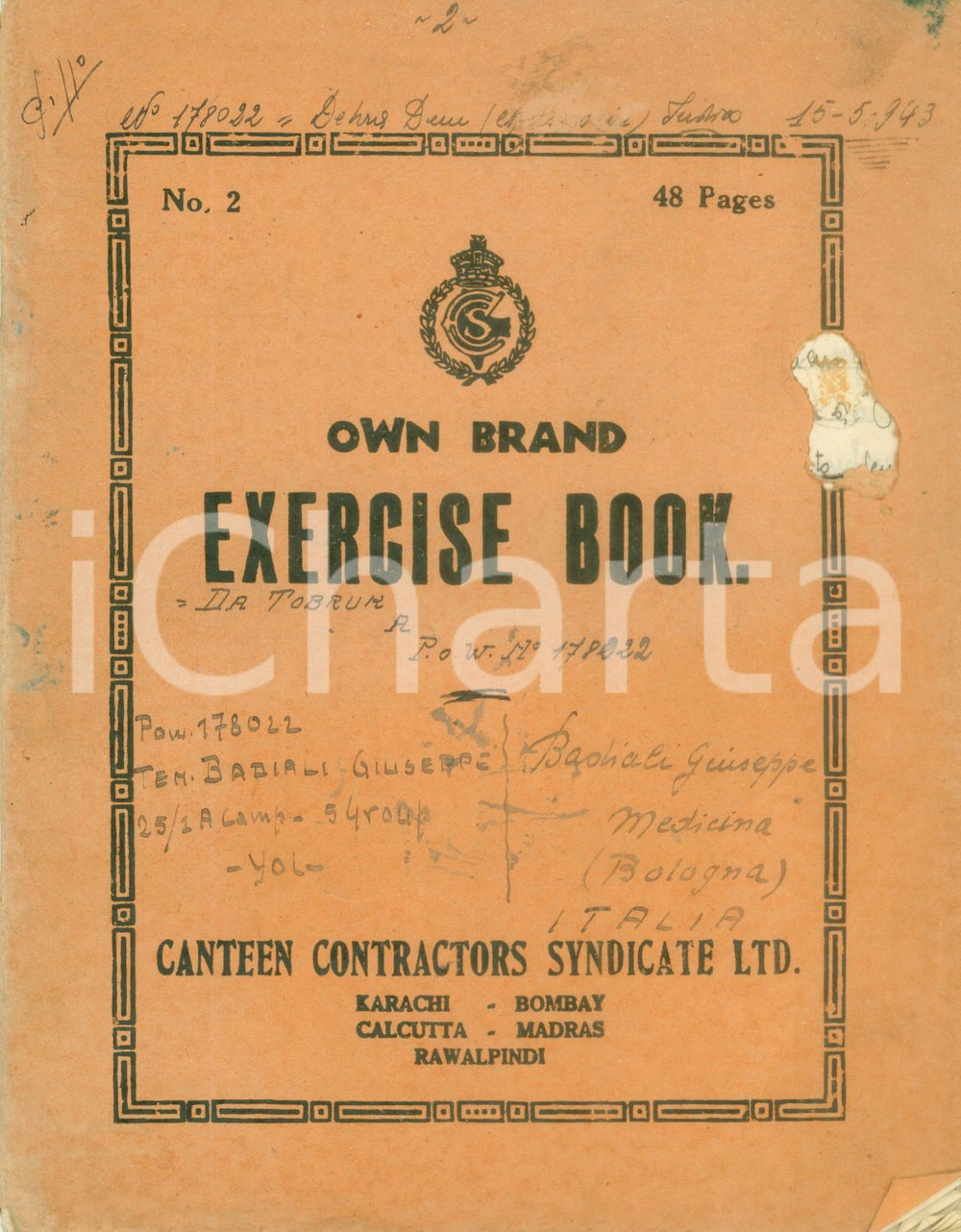 Documento originale, autentico 1943 YOL INDIA POW Giuseppe BADIALI Diario assedio TOBRUK  Guida antifascista 1