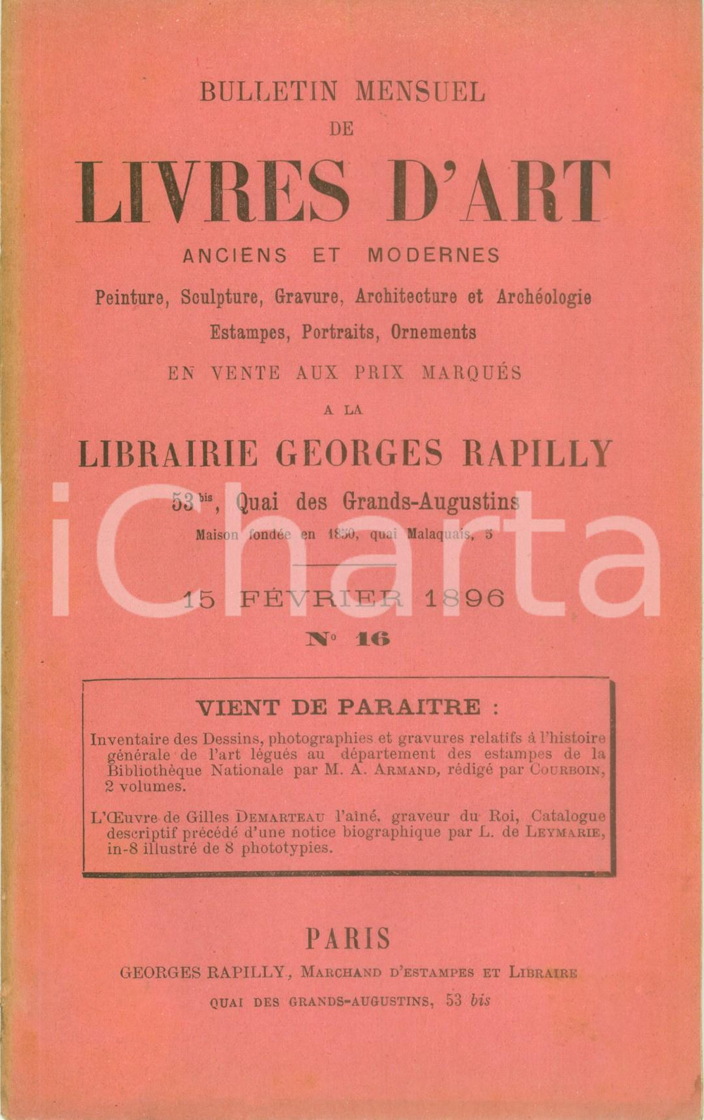 Giornale, rivista storica 1896 PARIS Bulletin mensuel de livres d art en vente chez Georges RAPILLY 1