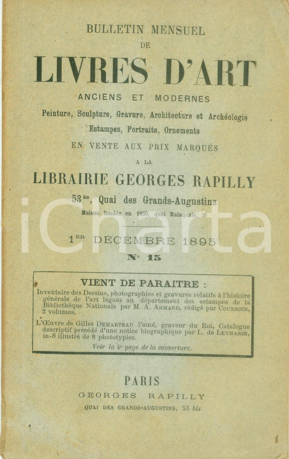 Giornale, rivista storica 1895 PARIS Bulletin mensuel de livres d art en vente chez RAPILLY 1