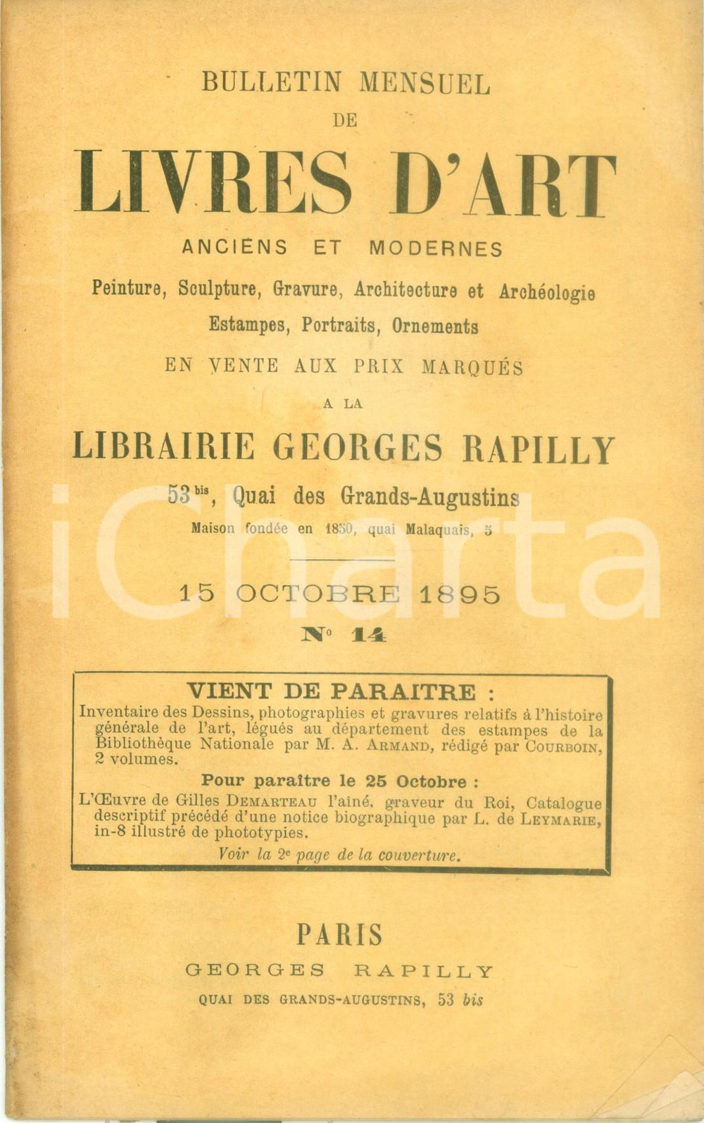 Giornale, rivista storica 1895 PARIS Bulletin mensuel de livres d art en vente chez Georges RAPILLY 1