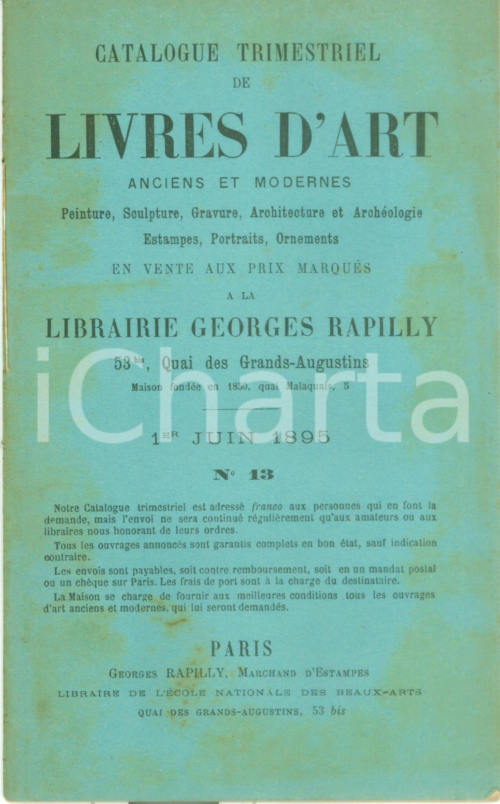 Giornale, rivista storica 1895 PARIS Catalogue trimestriel de livres d art en vente chez RAPILLY 1