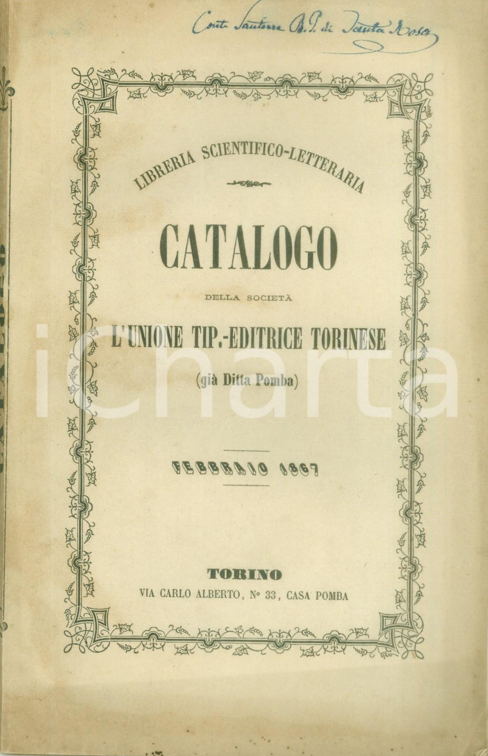 Giornale, rivista storica 1867 TORINO Libreria Letteraria Catalogo Unione Tip.  Editrice Torinese 1