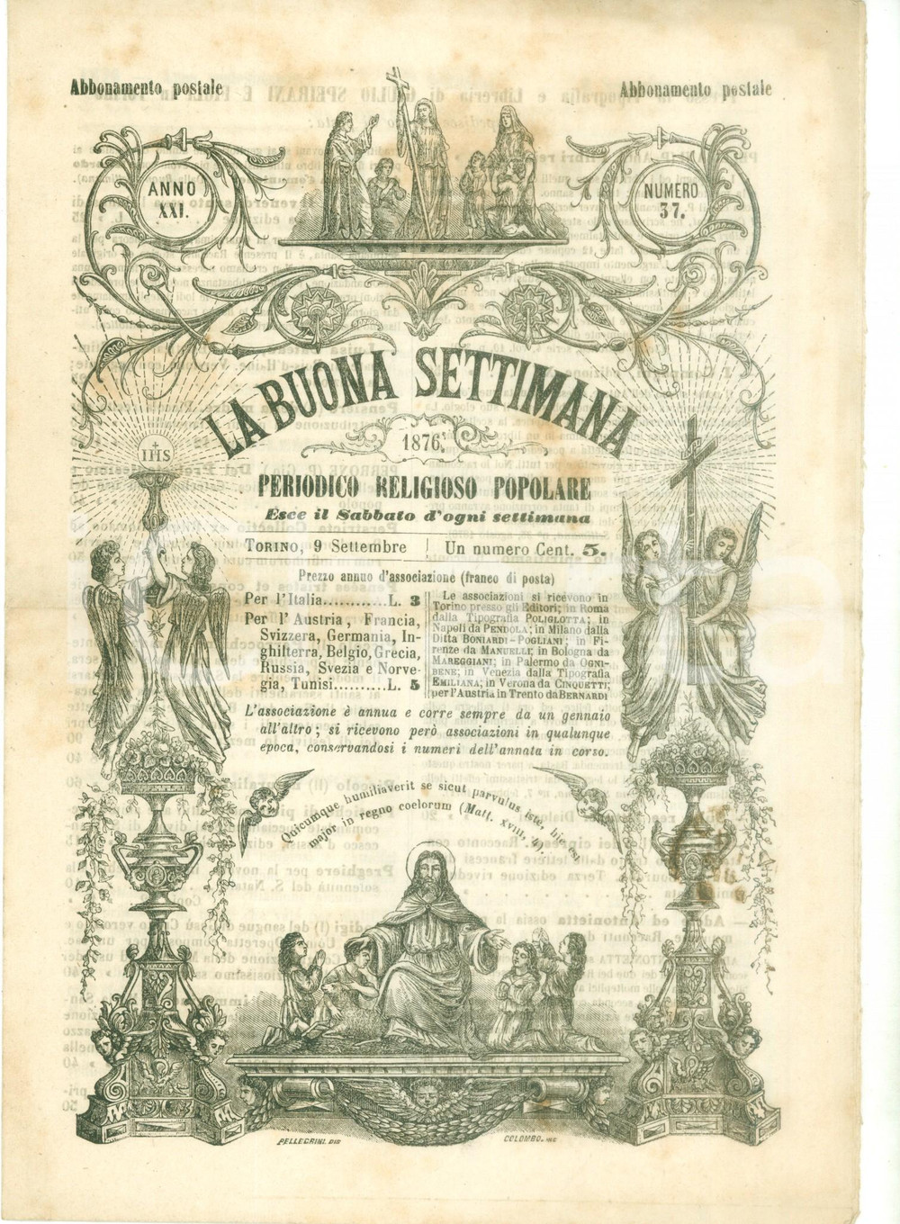 Giornale, rivista storica 1876 LA BUONA SETTIMANA Pensieri sul Vangelo Periodico religioso popolare 1
