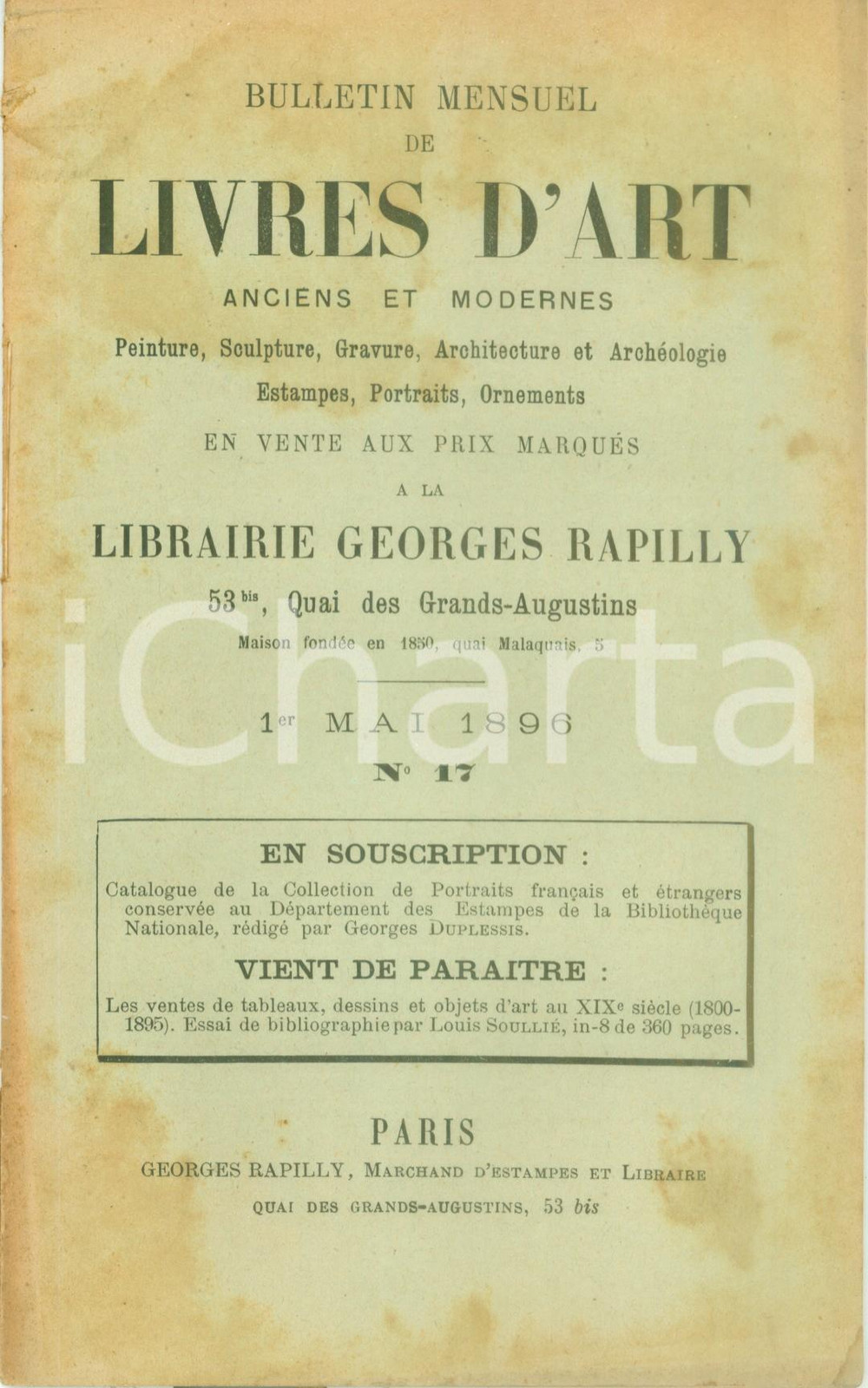 Giornale, rivista storica 1896 PARIS Bulletin mensuel de livres d art en vente chez RAPILLY 1