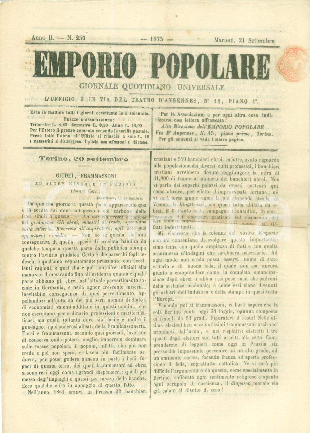 Giornale, rivista storica 1875 EMPORIO POPOLARE Giudei frammassoni e miserie in PRUSSIA Giornale 1