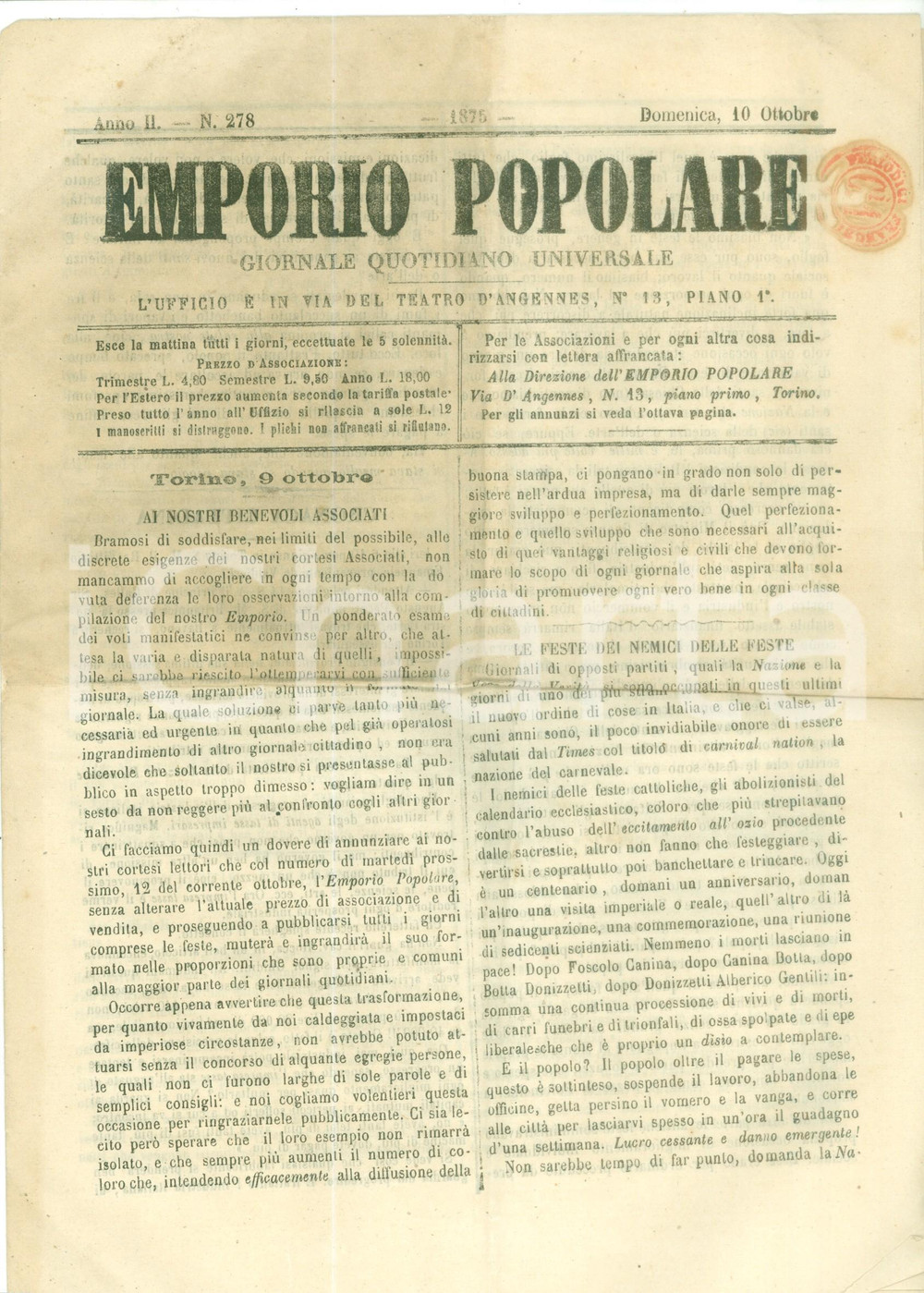Giornale, rivista storica 1875 EMPORIO POPOLARE Le feste dei nemici delle feste cattoliche Giornale 1