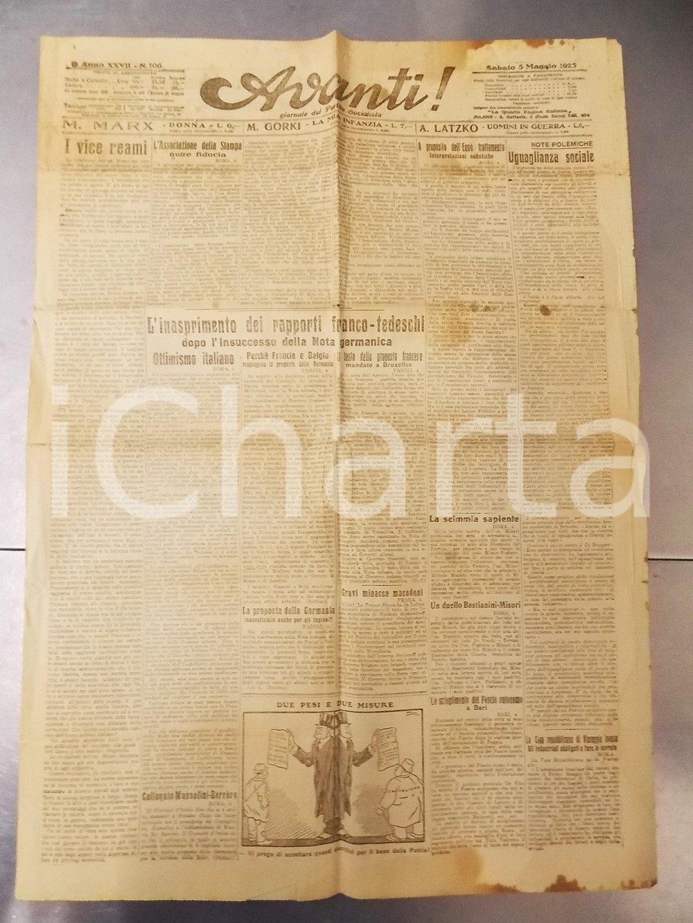 Giornale, rivista storica 1923 AVANTI! Inasprimento rapporti francotedeschi  Vignetta MUSSOLINI Giornale 1
