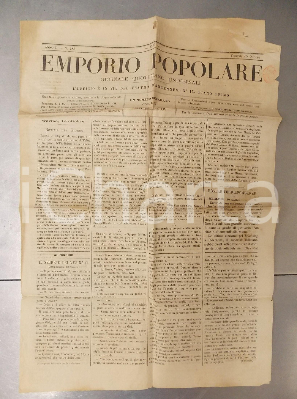 Giornale, rivista storica 1875 EMPORIO POPOLARE Giornale quotidiano universale Anno II n. 283 1