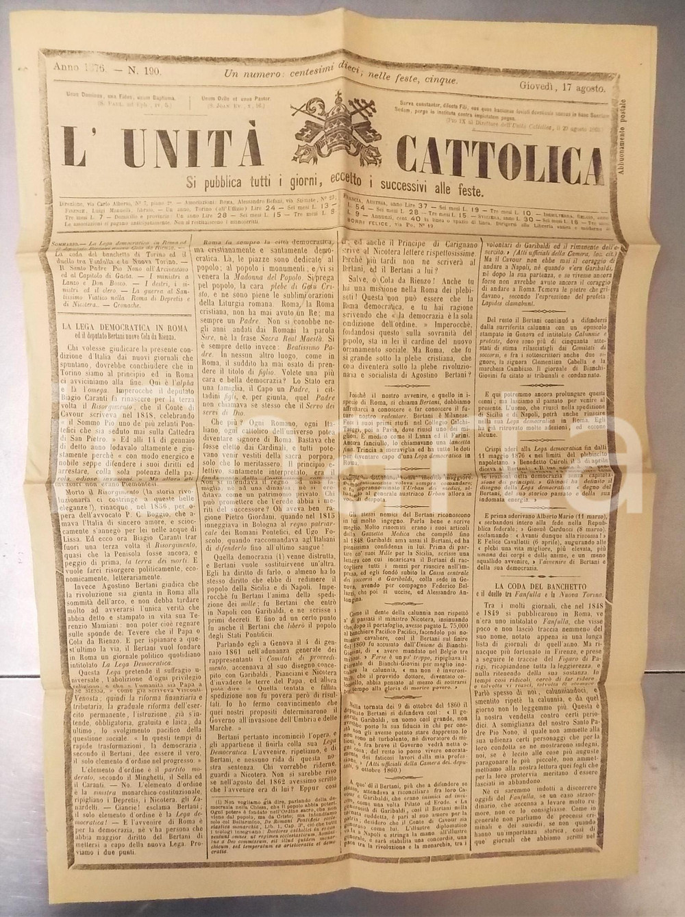 Giornale, rivista storica 1876 L UNITÃ€ CATTOLICA La Lega democratica in ROMA Agostino BERTANI Giornale 1