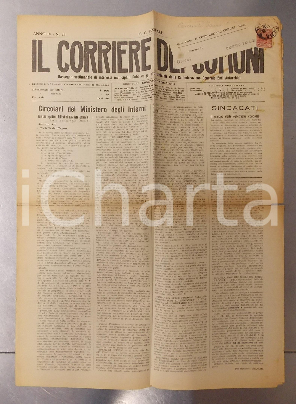 Giornale, rivista storica 1928 IL CORRIERE DEI COMUNI Bilancio dell Interno approvato al Senato Giornale 1