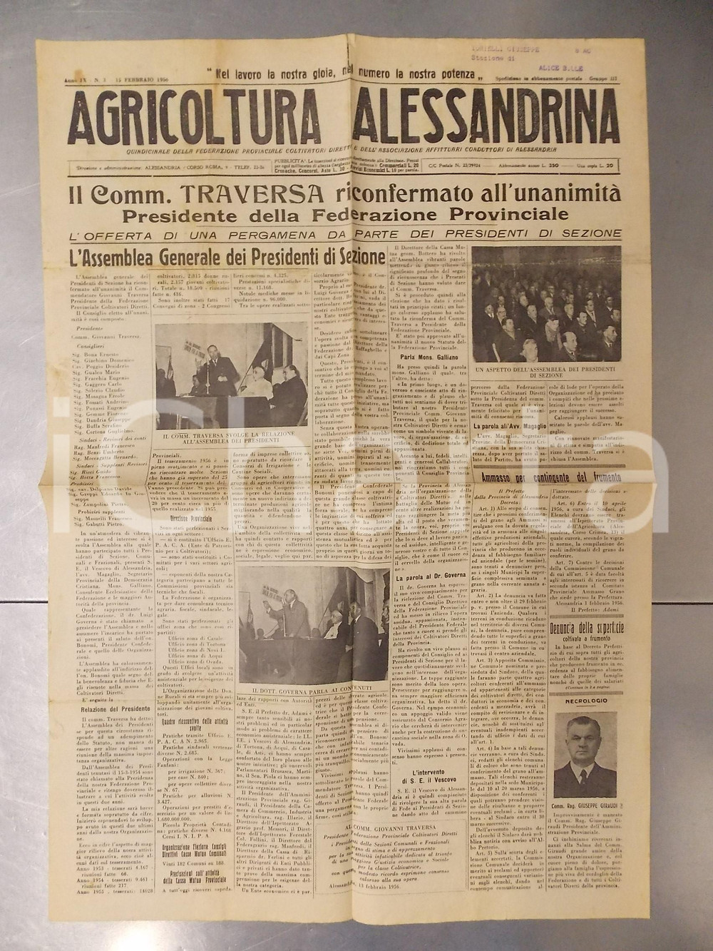 Giornale, rivista storica 1956 AGRICOLTURA ALESSANDRINA Comm. Giovanni TRAVERSA Presidente Federazione 1