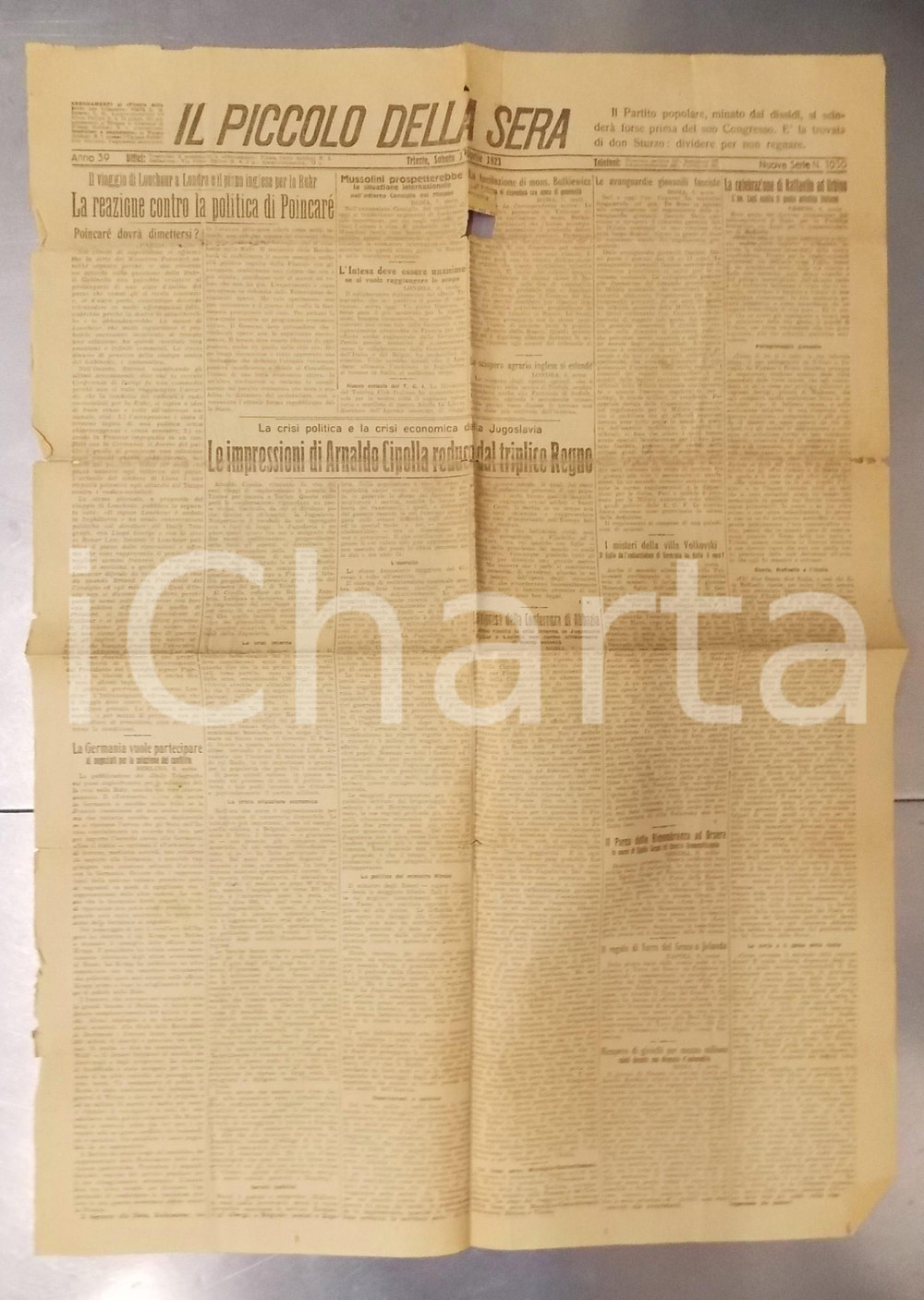 Giornale, rivista storica 1923 IL PICCOLO DELLA SERA Impressioni Arnaldo CIPOLLA su JUGOSLAVIA DANNEGGIATO 1