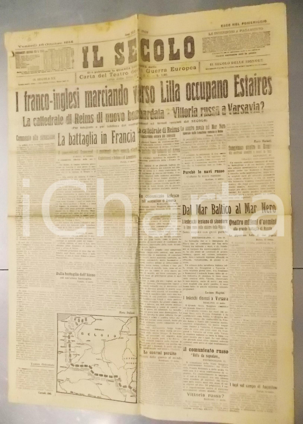Giornale, rivista storica 1914 IL SECOLO Truppe franco inglesi occupano ESTAIRES Giornale DANNEGGIATO 1