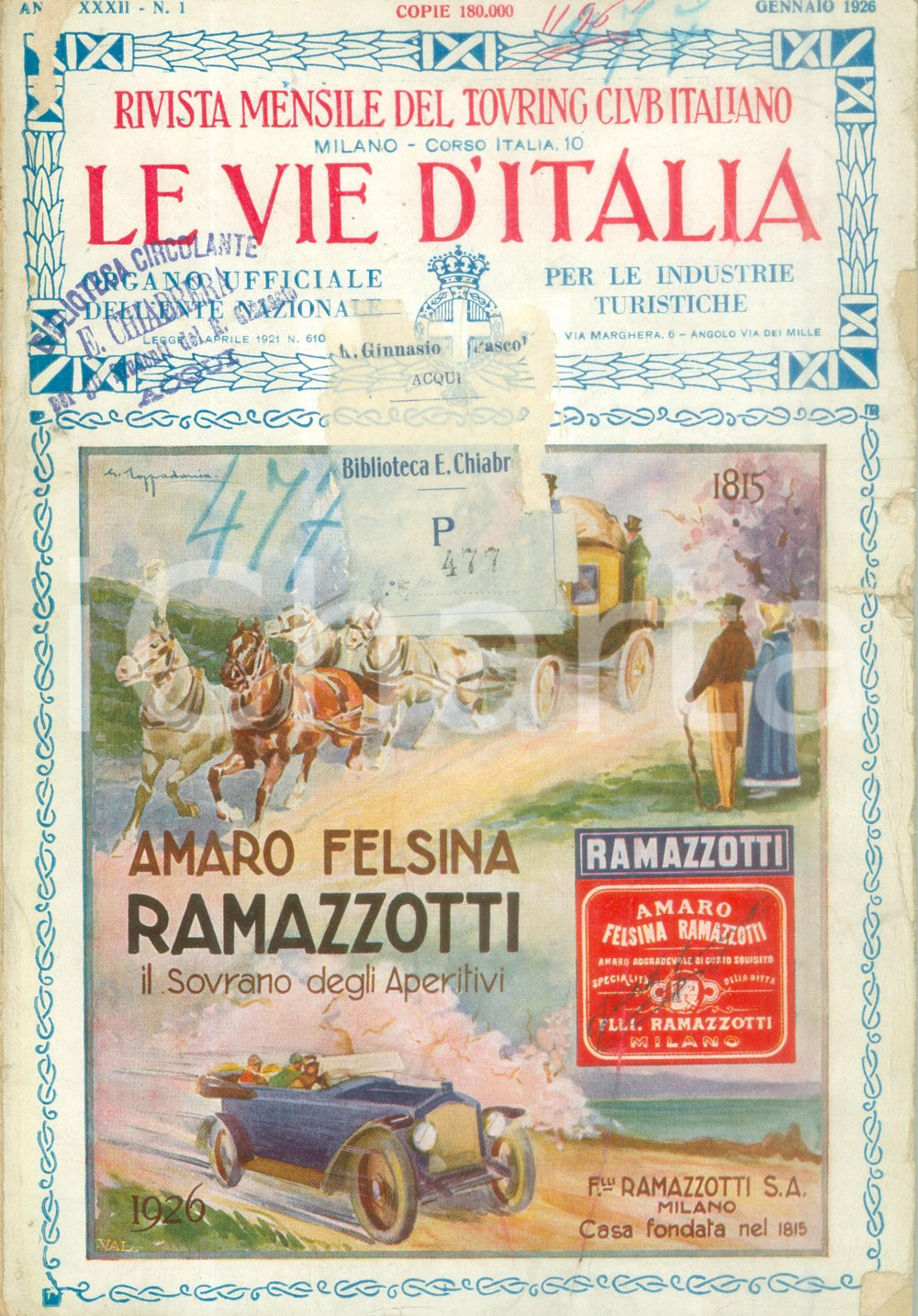 Giornale, rivista storica 1926 LE VIE D ITALIA TCI Automobili motocicli biciclette nel 1924 Anno XXXII n 1 1