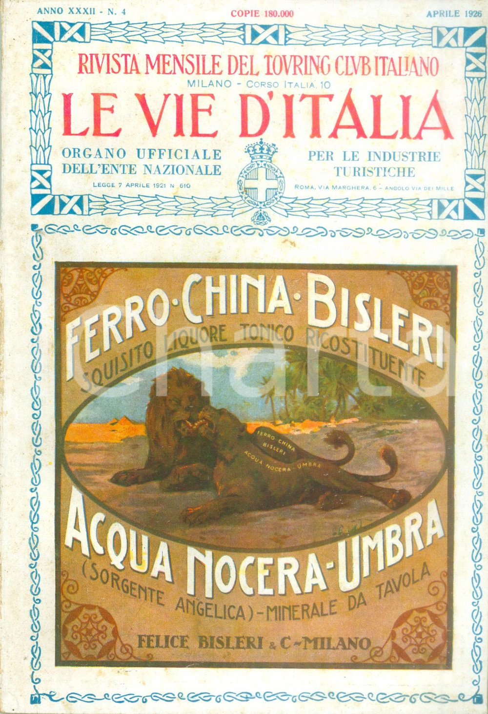 Giornale, rivista storica 1926 LE VIE D ITALIA TCI L antica abbazia di PIONA Anno XXXII n. 4 1