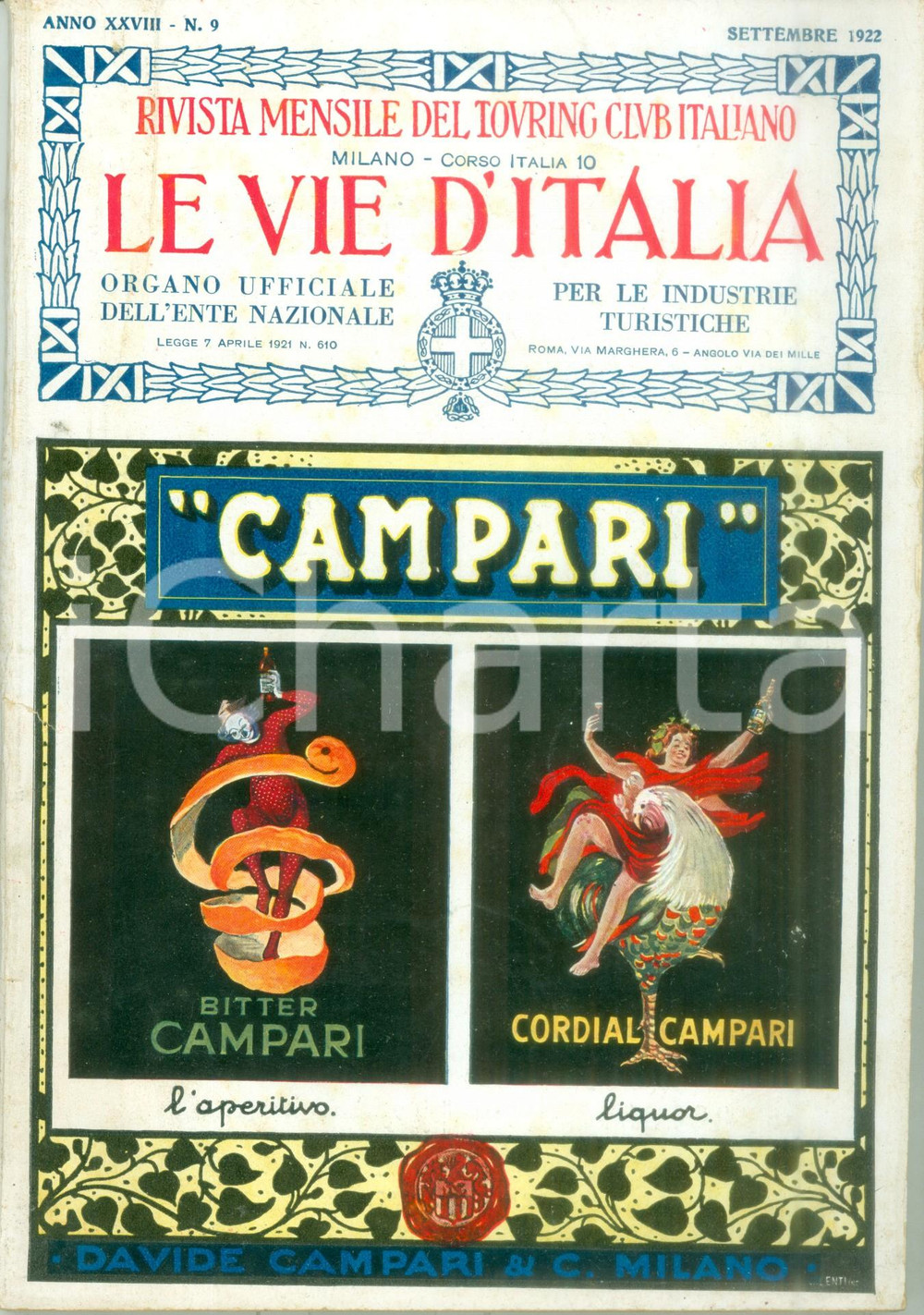 Giornale, rivista storica 1922 LE VIE D ITALIA TCI Nuova strada Canale del MIS Anno XXVIII n. 9 1
