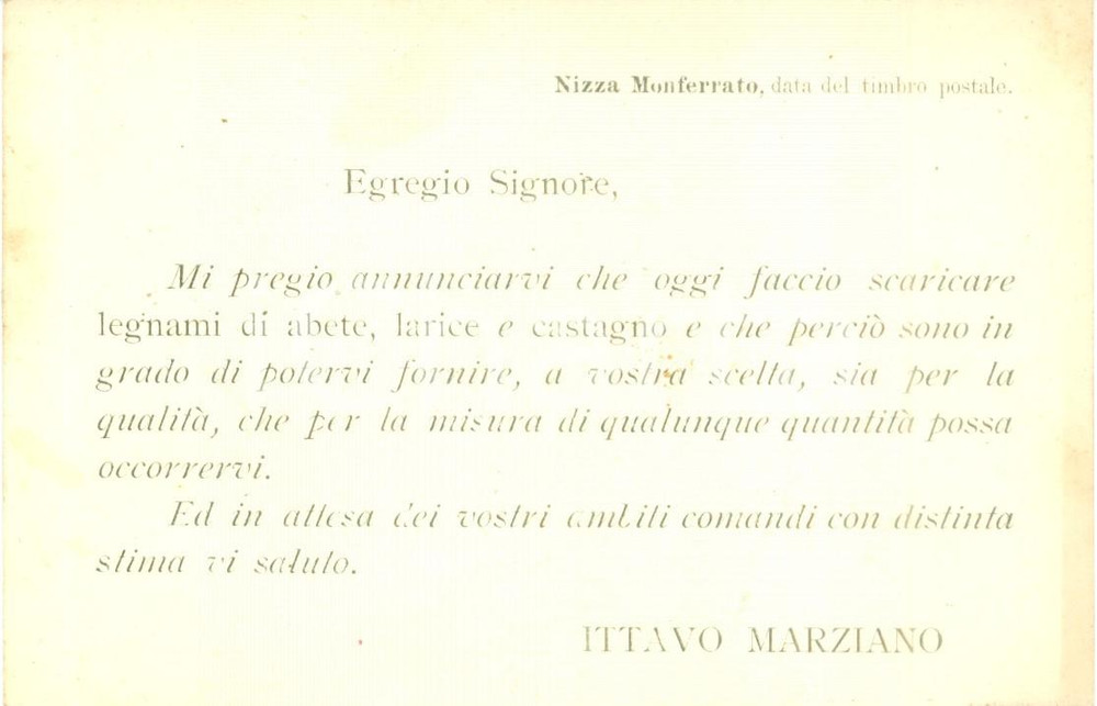Cartolina originale da collezione 1920 ca NIZZA MONFERRATO AT Marziano JTTAVO magazzino in legnami Cartolina 1