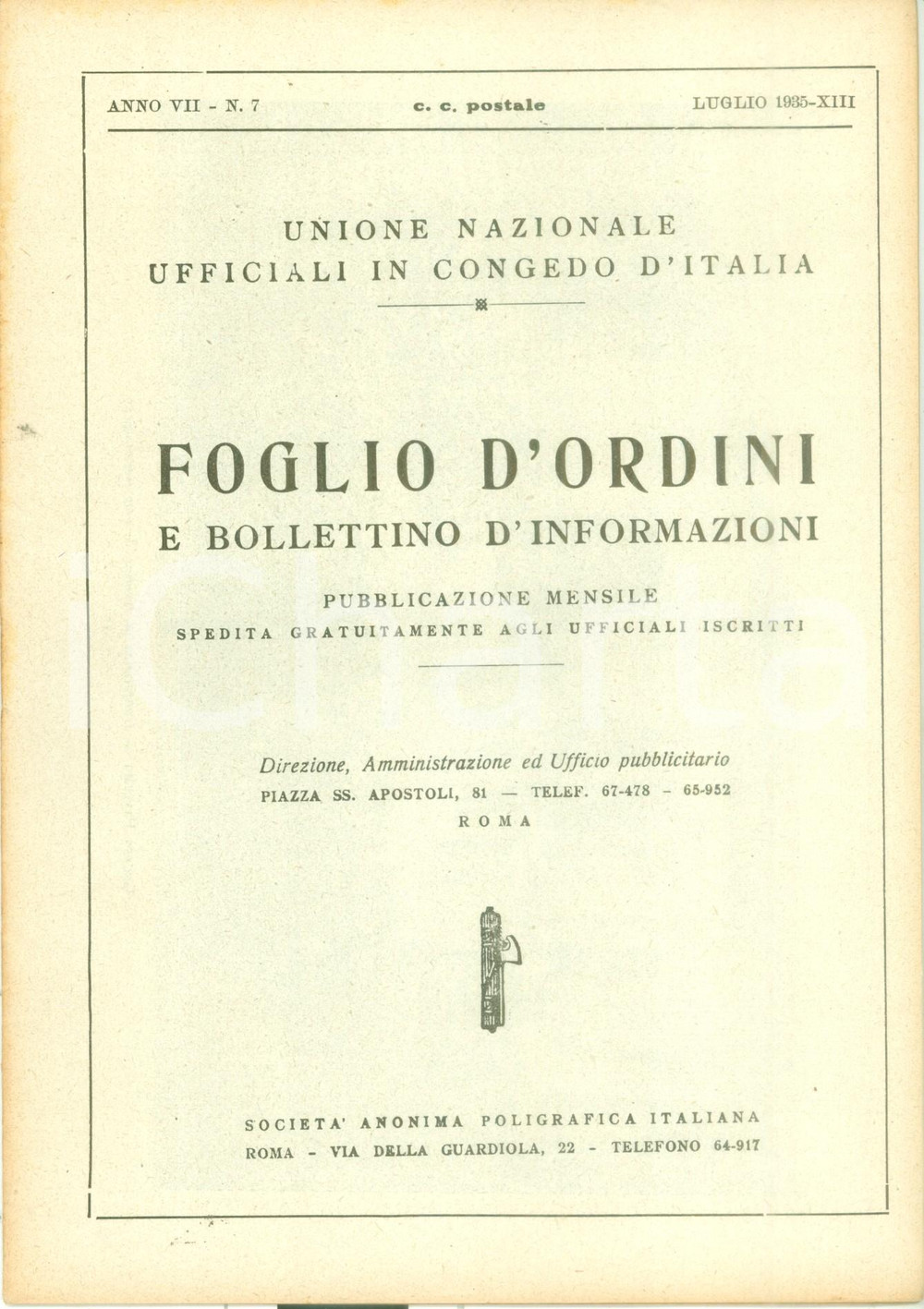 1935 ROMA U.N.U.C.I. Foglio d'ordini Pellegrinaggio ex combattenti in FRANCIA