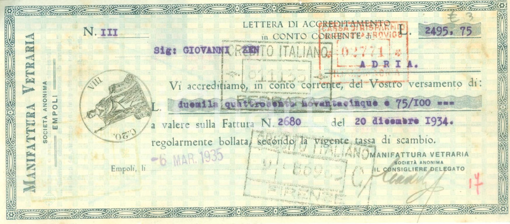Documento originale, autentico 1935 EMPOLI Manifattura Vetraria Lettera di accreditamento pubblicitaria 1