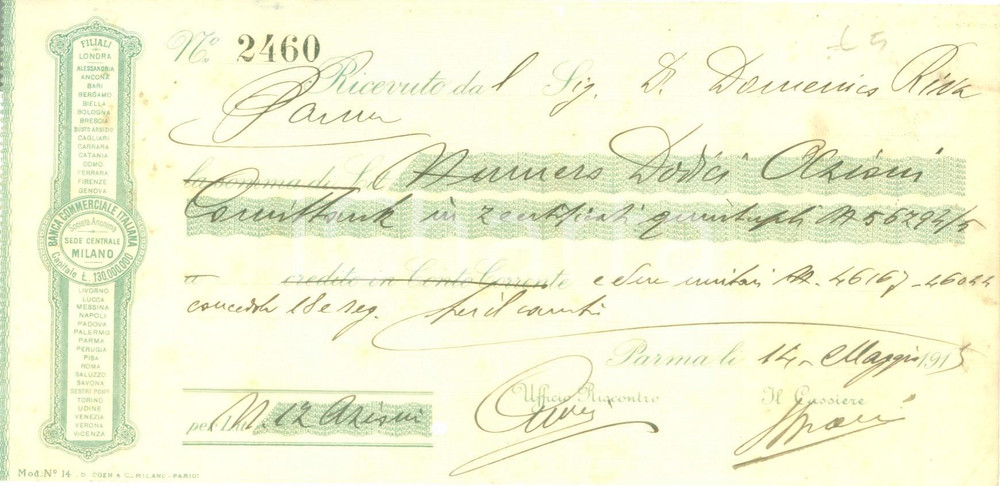 Documento originale, autentico 1915 PARMA Banca Commerciale Italiana Ricevuta di pagamento intestata 1