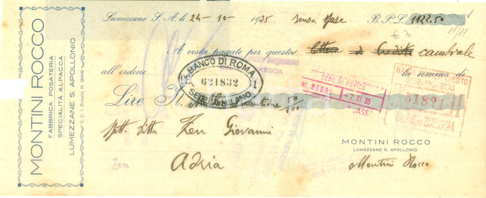 Documento originale, autentico 1935 LUMEZZANE SANT APOLLONIO Fabbrica posateria alpacca Cambiale pubblicitaria 1