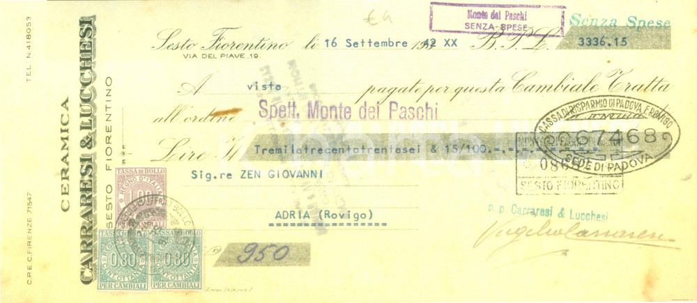 Documento originale, autentico 1942 SESTO FIORENTINO Ceramica CARRARESI & LUCCHESI Cambiale pubblicitaria 1