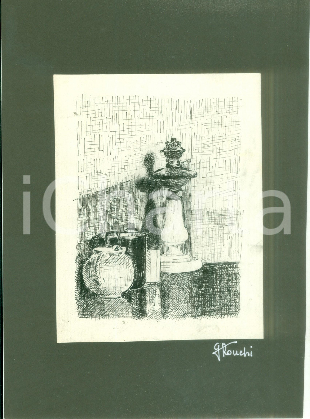 Stampa, bozzetto originale 1945 Natura morta con scacchi Disegno originale pittrice Gianna RONCHI AUTOGRAFO 1